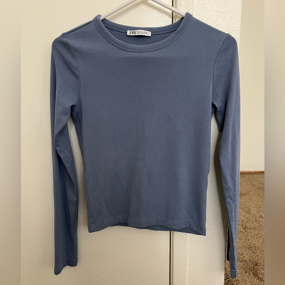 Zara Slim Long-Sleeve Crew Neck Top - Dusty Blue